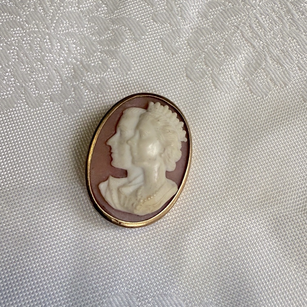 1953 Queen Elizabeth II & Prince Philip coronation portrait cameo brooch